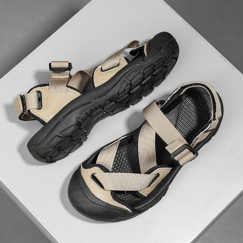 Sandals for Men's Summer New Cowhide Casual Beach Shoes, Genuine Leather for Men's Anti Slip Middle-aged Sandals and Slippers