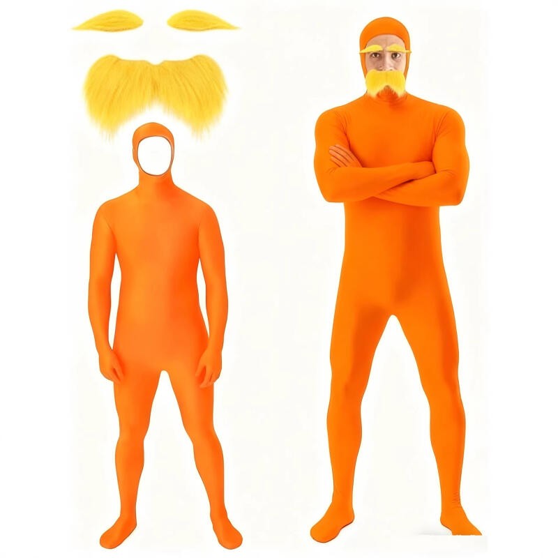 Adult Orange Zentai Bodysuit Open Face Skin Tight Jumpsuit with eard Eyebrow Halloween Cosplay Costume Unisex Full Coverage