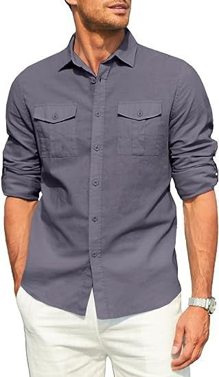 Business Men's Single-breasted Shirt Double Pocket Cotton Linen Long-sleeved Shirt Casual Vacation Shirt