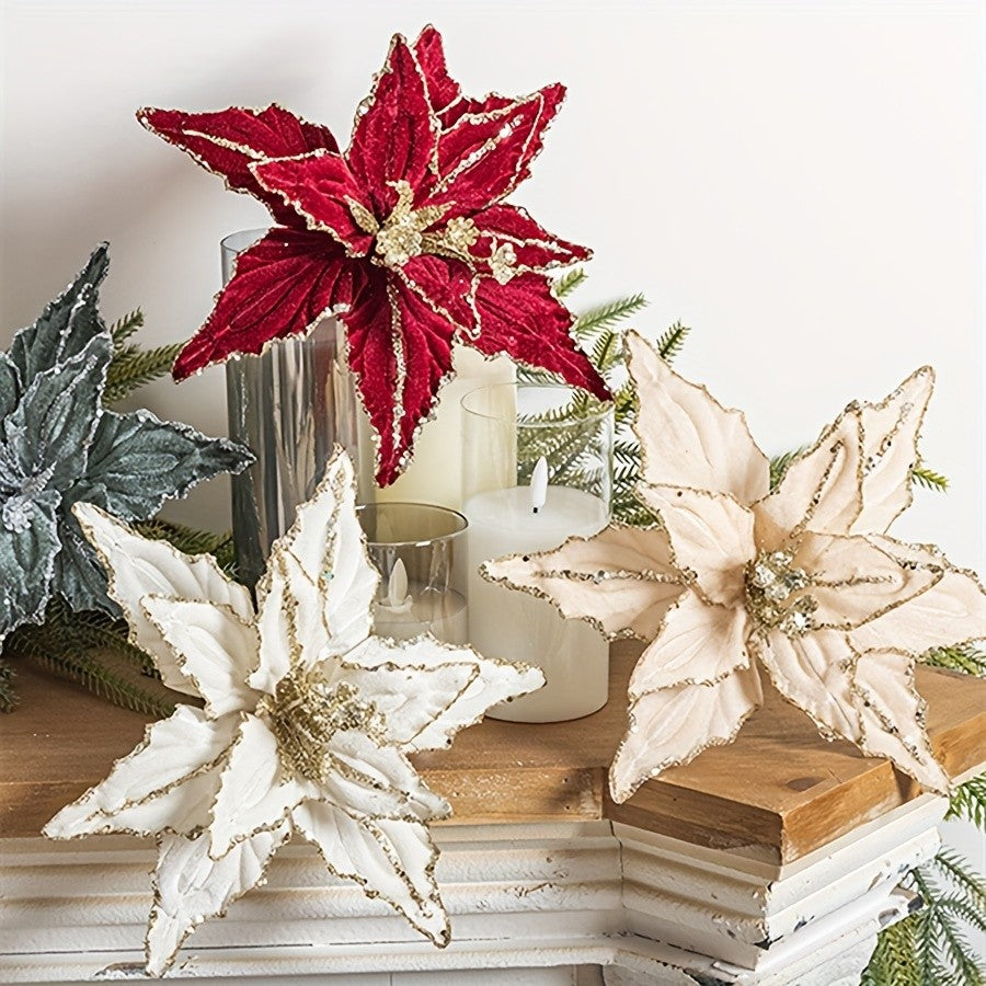 1/4pcs Christmas Holiday Decorative Flowers Artificial Flowers,Shiny Sequin Velvet Christmas Flowers 25.91cm,  home decor