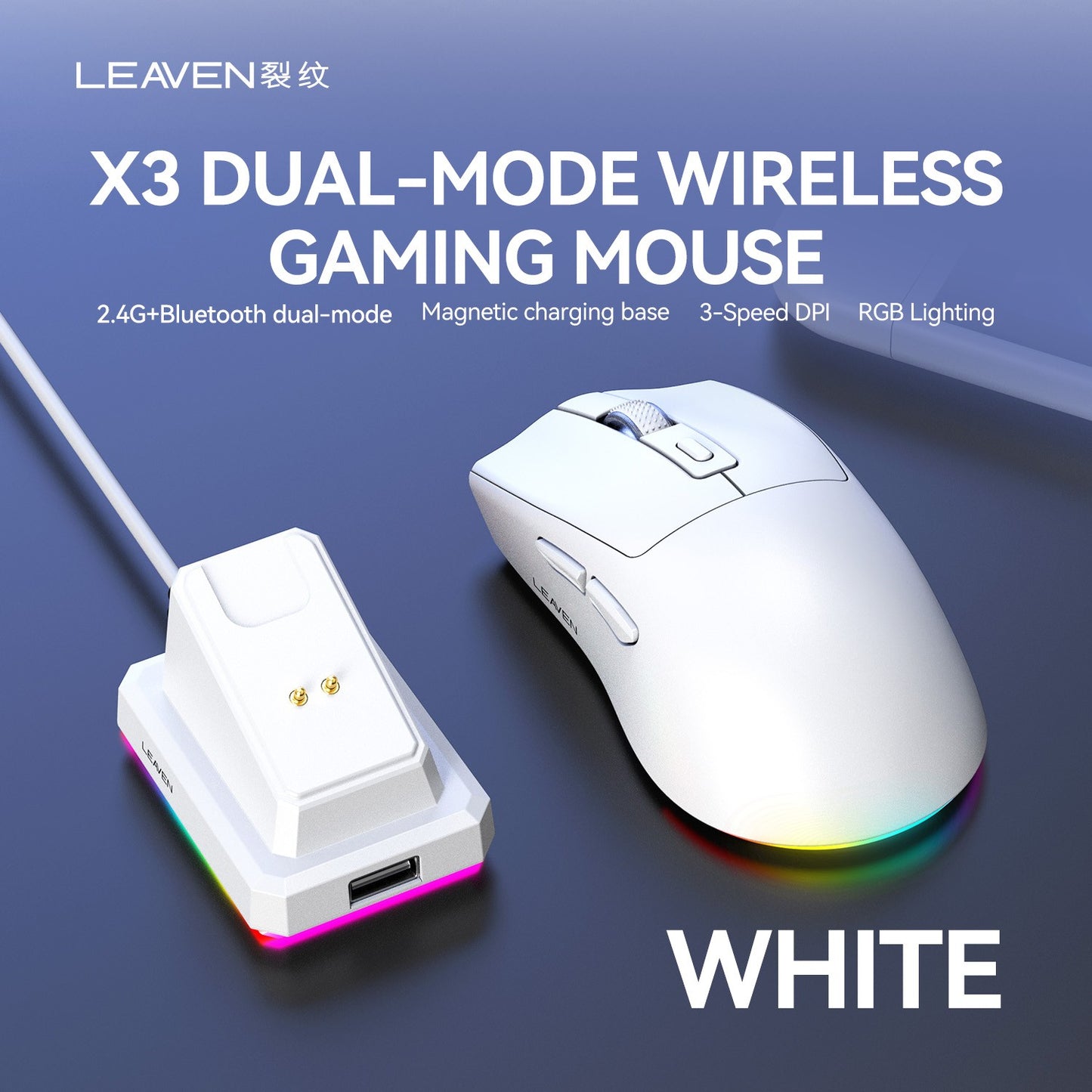 LEAVEN X3 2.4G Bluetooth Modo Duplo Receptor Mouse Óptico Sem Fio Mouse Gamer 1600DPI Mouse Compatível com Bluetooth para MacBook L