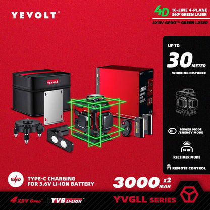 Nível a Laser Verde YEVOLT YVGLL4XS-Series 3/4 Planos 12/16 Linhas Autonivelante 360 3D/4D Horizontal e Vertical Ferramenta de Medição de Energia