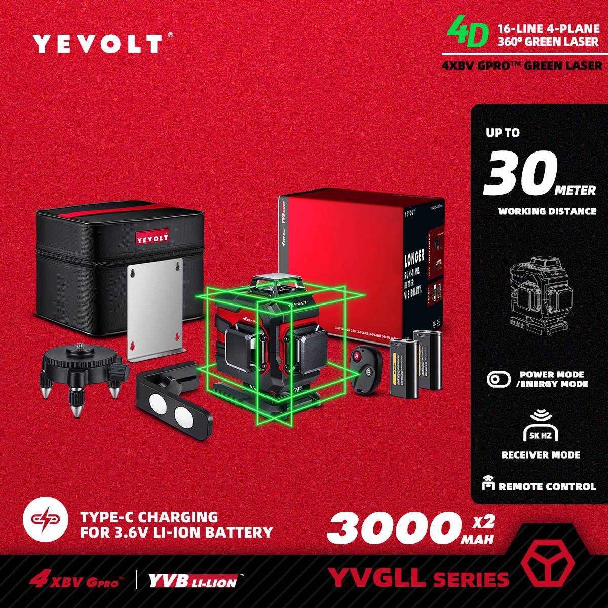 Nível a Laser Verde YEVOLT YVGLL4XS16 Series 4 Planos 16 Linhas Autonivelante 360 3D Ferramentas de Medição de Potência Horizontal e Vertical