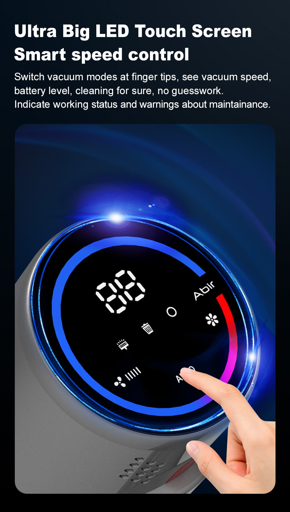 Aspirador Portátil sem Fio, 27000PA, Tela Sensível ao Toque, Sensor Inteligente de Poeira, Controle Automático de Velocidade para Limpeza de Casa, Cama e Carpete
