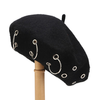 Fashion Winter Berets For Women girl Punk Rock Style Iron Rings Beret Caps Retro Wool Hats Black Woolen Painter Caps