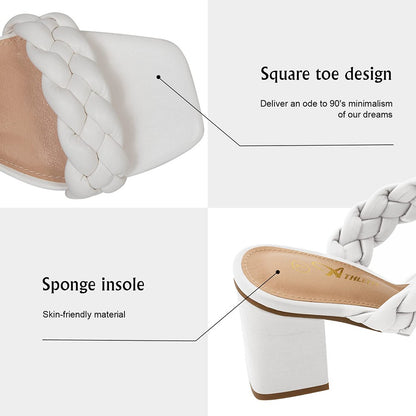 Elegant Women's Braided Heels Sandalias Fashion Strappy Square Sandals Open Toe Backless Mules Slip On Block Heeled Shoes