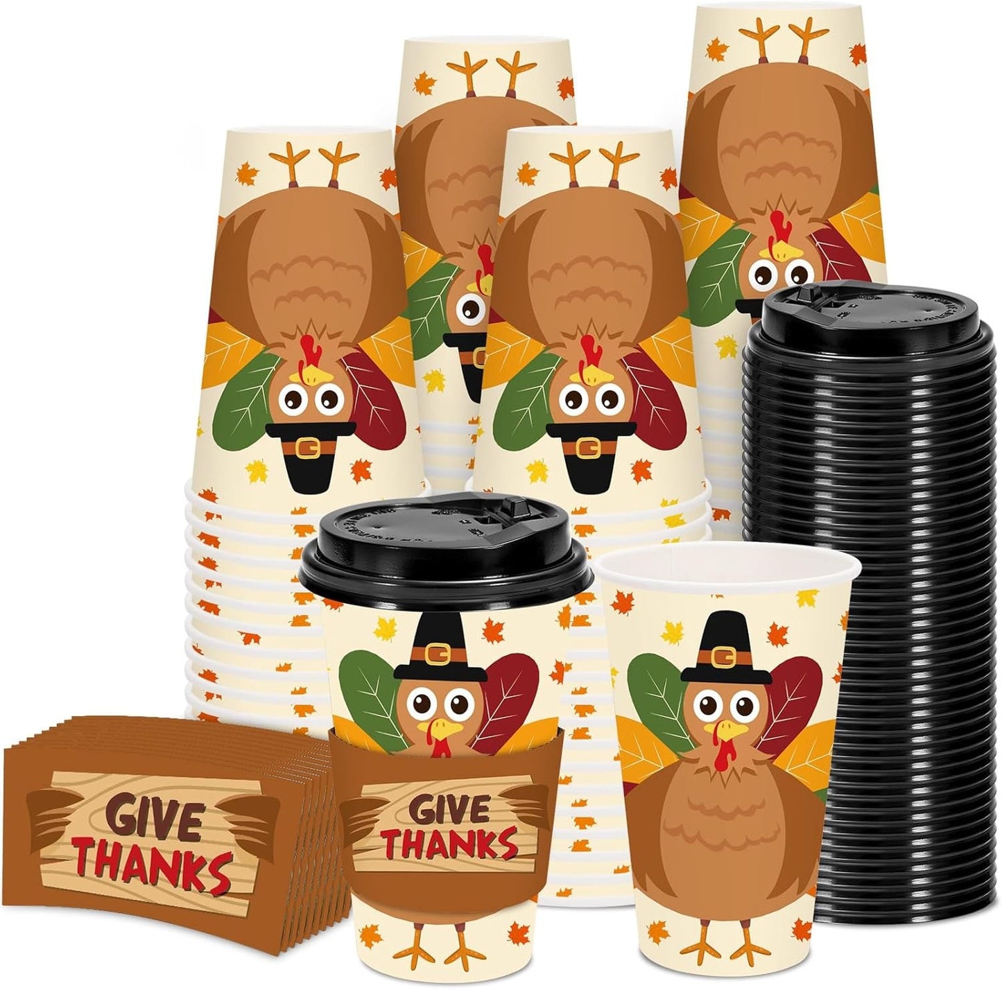 48 Set Fall Thanksgiving Disposable Coffee Cups with Lids and Sleeves Turkey Maple Paper Cups Give Thanks Drinking Cups