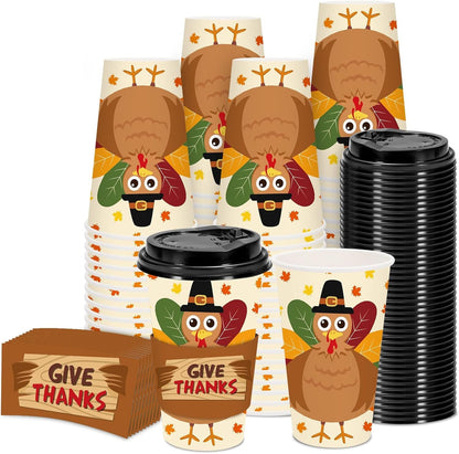 48 Set Fall Thanksgiving Disposable Coffee Cups with Lids and Sleeves Turkey Maple Paper Cups Give Thanks Drinking Cups