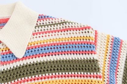 TRZA-Women's Striped Crochet Knit Crop Sweater, Polo Collar, Short Sleeve, Button-up, Female Outerwear, Chic Tops, Fashion