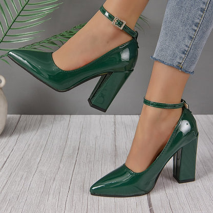 Apricot Red 10cm Super High Heel Ankle Strap Pumps Women Shoes Pointed Toe Fashion Crystals Buckle Patent Leather Plus Size 50