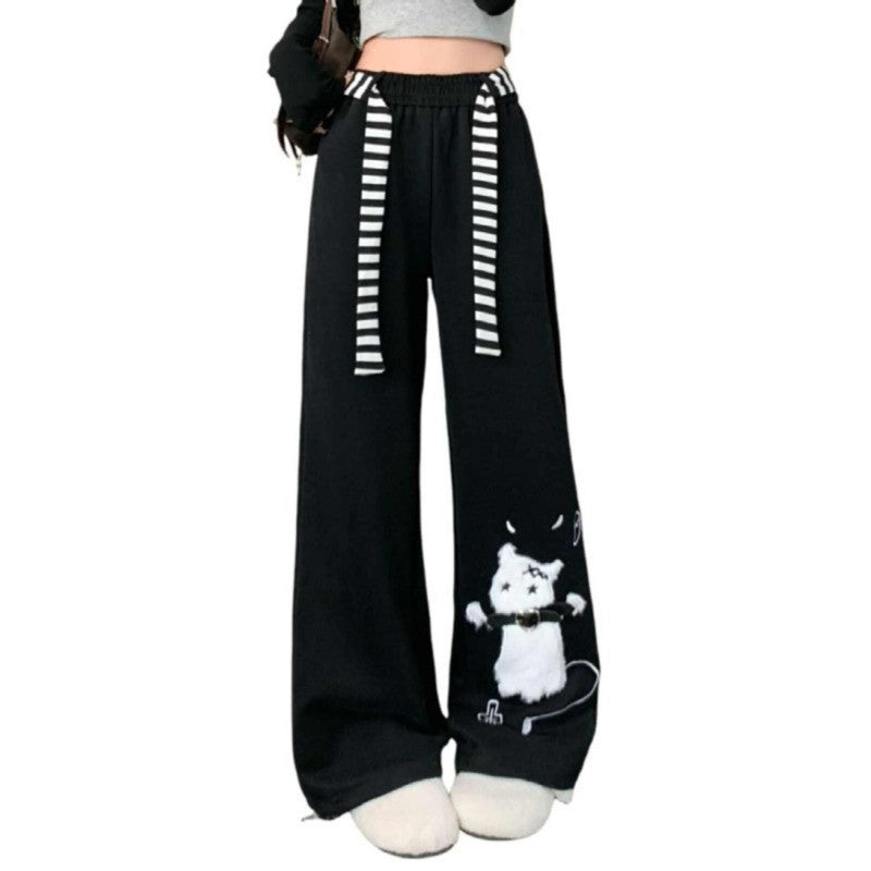 Cat Sweatpants Women Black Wide Leg Cute Casual Pants American Lazy Loose Fit Streetwear Spring Summer Trendy Unisex Outfit New