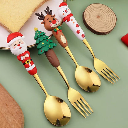 Conjunto de Talheres de Natal de Aço Inoxidável Garfos e Colheres de Sobremesa Utensílio de Cozinha para Jantares e Ocasiões Especiais