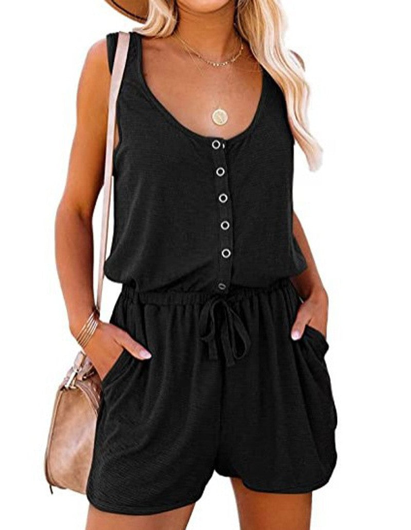 European and American women's summer cross-border new sleeveless jumpsuit waist casual loose wide leg shorts