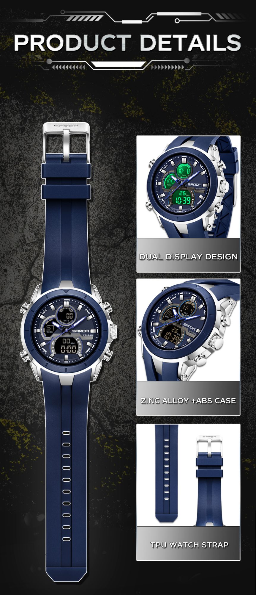 SANDA Mens Watches Countdown Waterproof Alarm Clock Wristwatch Multifunctional Luminous Men Quartz Digital Watch Alarm Clock