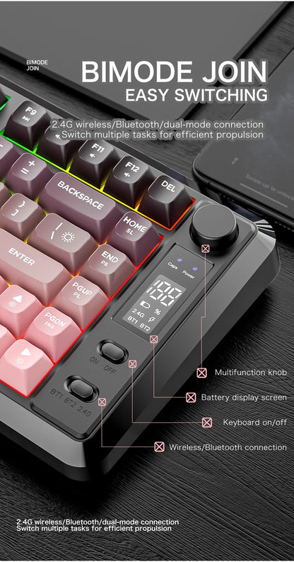 Teclado Gamer Sem Fio Compacto FREE WOLF M75 82 Teclas - Modo Duplo (Bluetooth/2.4G) Retroiluminação RGB Tela OLED Bateria Grande