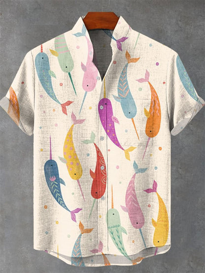 Men's Linen Short Sleeve Shirt Casual Top Single Button Vintage Cartoon And Art Cat Summer Print Top