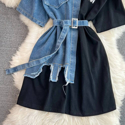 XFPV Women's Sweet high Waist Wrap Belt Round Neck patchwork Denim Shirt  Chic Top Y2k Korean Fashion Spring Summer 2025 SM11327