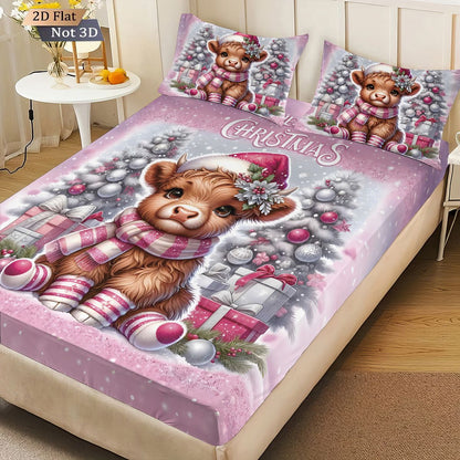 3pcs Christmas Highland Cow Print Coreless Bed Sheet Set Multiple Size Bed Cover Bedroom Bedding,  Decoration Machine Washable