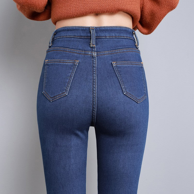 New Women Thermal Jeans Winter Snow Warm Plush Stretch Jeans Lady Skinny Thicken Students Denim Pants Fleece Mom Fur Trousers