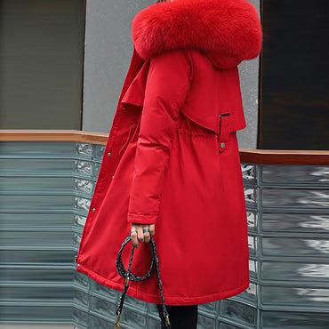 Ladies' Casual Warm And Versatile Large Fur Collar Solid Color Thick Cotton Coat Jacket For Outdoor Daily Wear