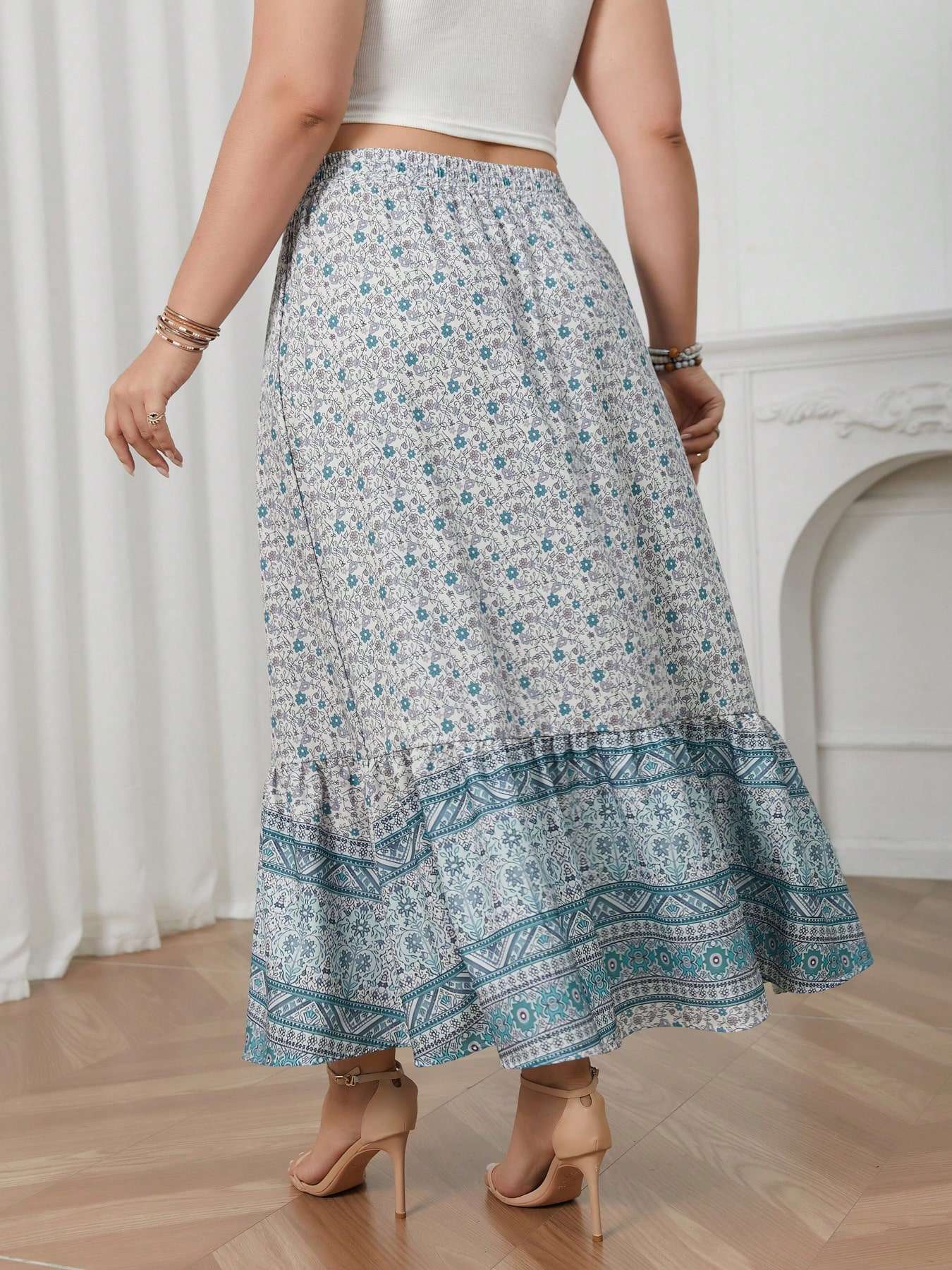 Plus size women's printed holiday style skirt spliced A-line skirt
