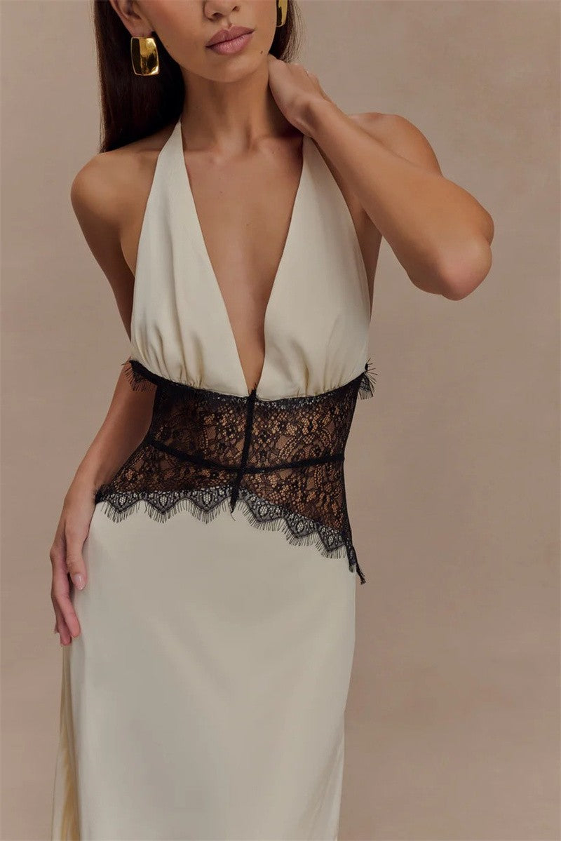 Mozision Summer Backless Sexy Maxi Dress Women Gown Patchwork Lace Halter Deep V