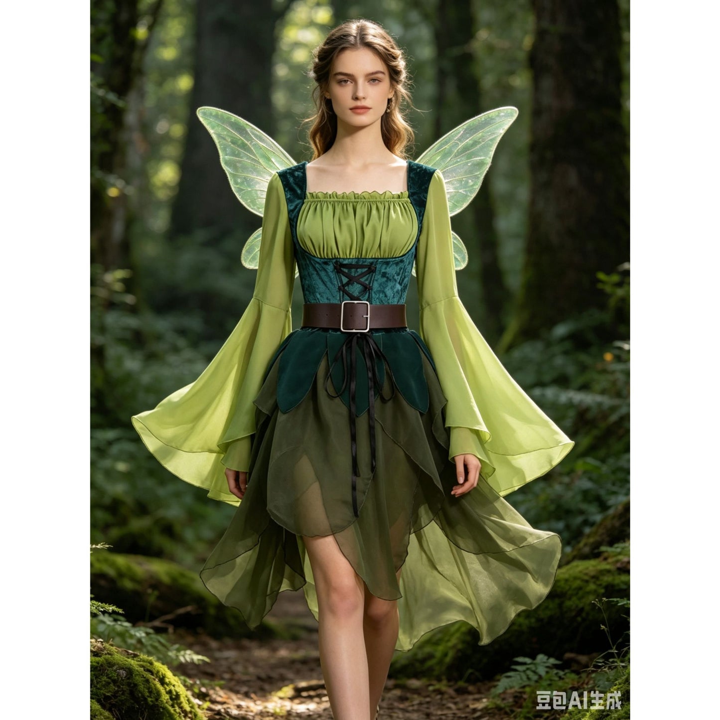 Women's Elf Medieval Green Fairy Dress Magical Elf Dress and Belt with Wings Halloween Cosplay Costumes Elf Cosplay costume