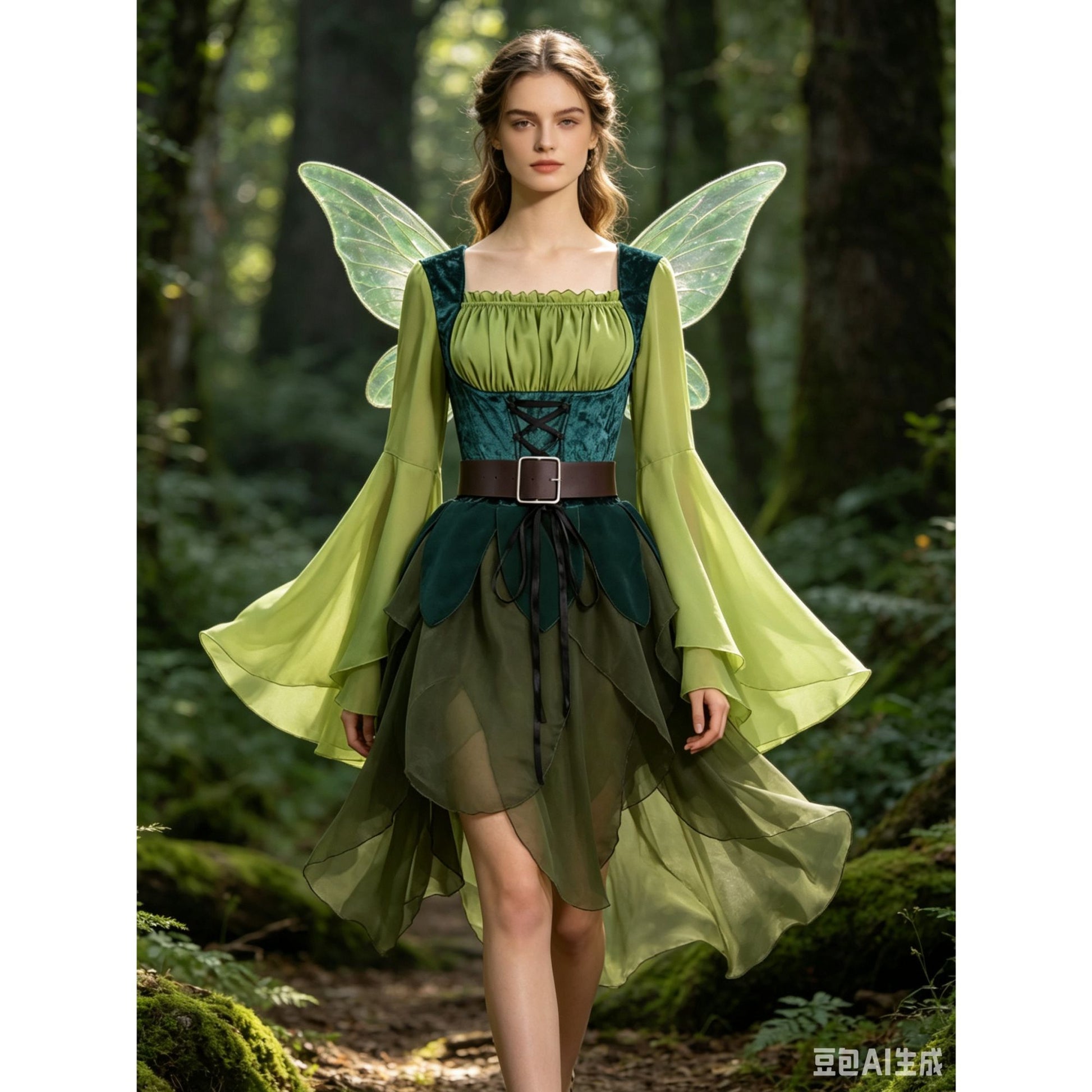 Women's Elf Medieval Green Fairy Dress Magical Elf Dress and Belt with Wings Halloween Cosplay Costumes Elf Cosplay costume