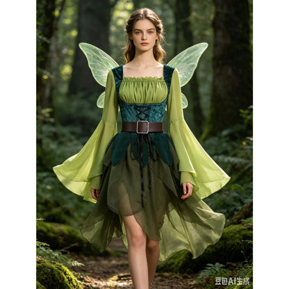 Women's Elf Medieval Green Fairy Dress Magical Elf Dress and Belt with Wings Halloween Cosplay Costumes Elf Cosplay costume
