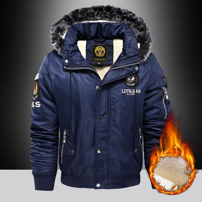 Men's Winter Warm, Hooded Jacket with Raw Edge, Lined Aviator Jacket, Embroidered Badge Design, Windproof and Waterproof Jacket