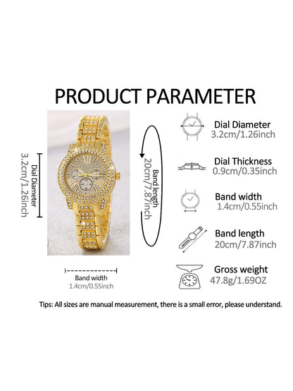 Luxurious ladies' quartz watch and jewelry set with intricate engravings, a birthday gift, and an elegant outfit for a party.