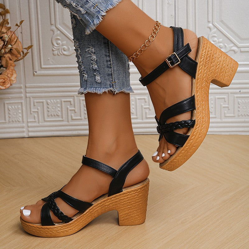 Women's Braided High Heels Sandals 2024 Summer Chunky Platform Gladiator Sandals Woman Ankle Straps Vacation Casual Beach Shoes