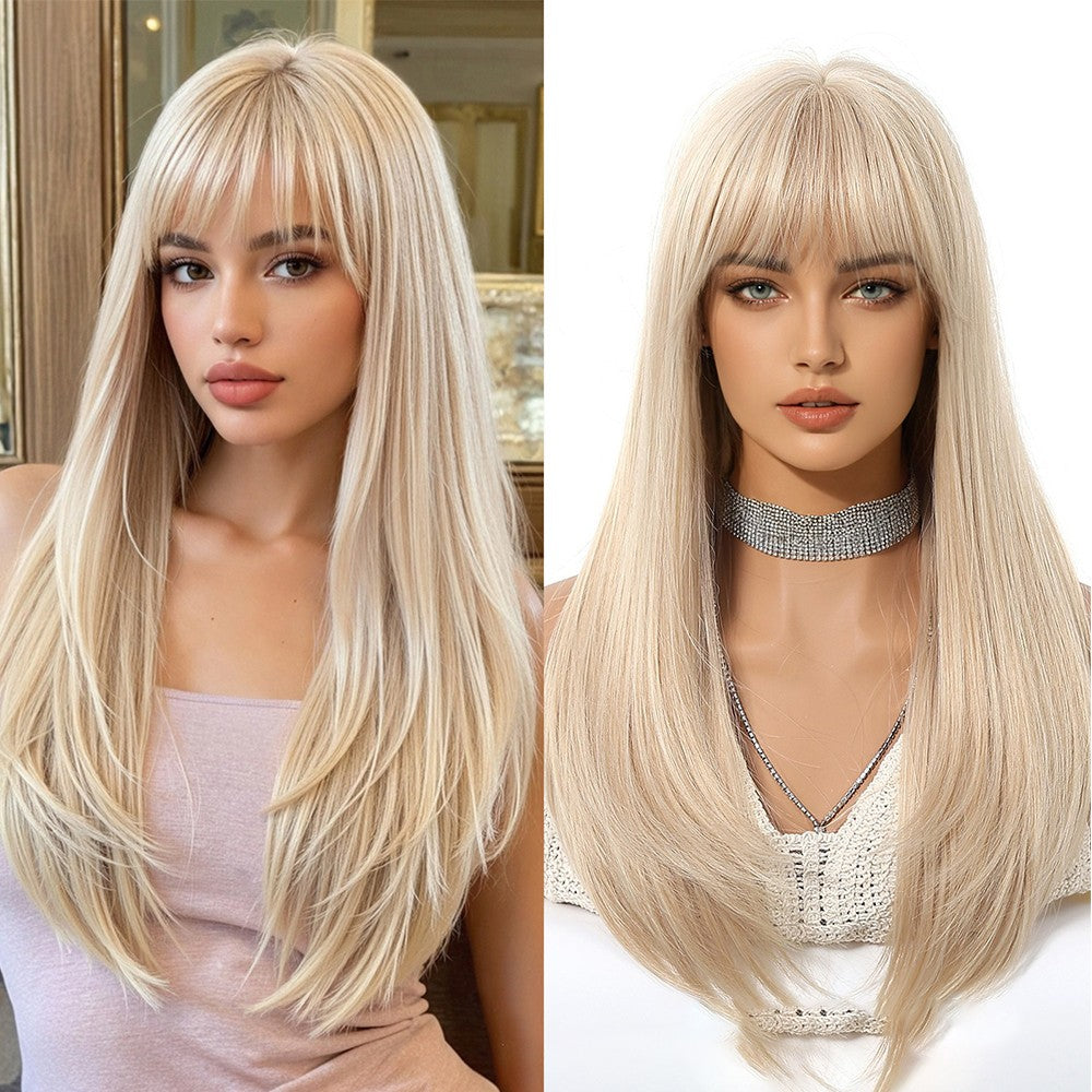 Peruca Loiro Dourado Com Franja Cabelo Longo Liso Peruca Natural Para Mulheres Perucas Cosplay Sintética Resistente ao Calor Cabelo Falso