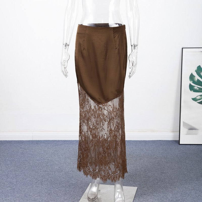 Satin Skirts Women Loose High Waist Patchwork Lace See Through Skirt Female 2025 Chic Solid Sexy Elegant Streetwears
