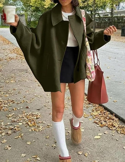 Women's Oblique Button Loose Batwing Sleeve Jacket Coat Lapel Double Pocket Warm Solid Vintage Outerwear Fall Winter Coat