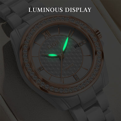 LIGE Fashion Quartz Watch for Women Stainless Steel Ceramics Strap Waterproof Women's Watches Elegant Luxury Ladies Wristwatch