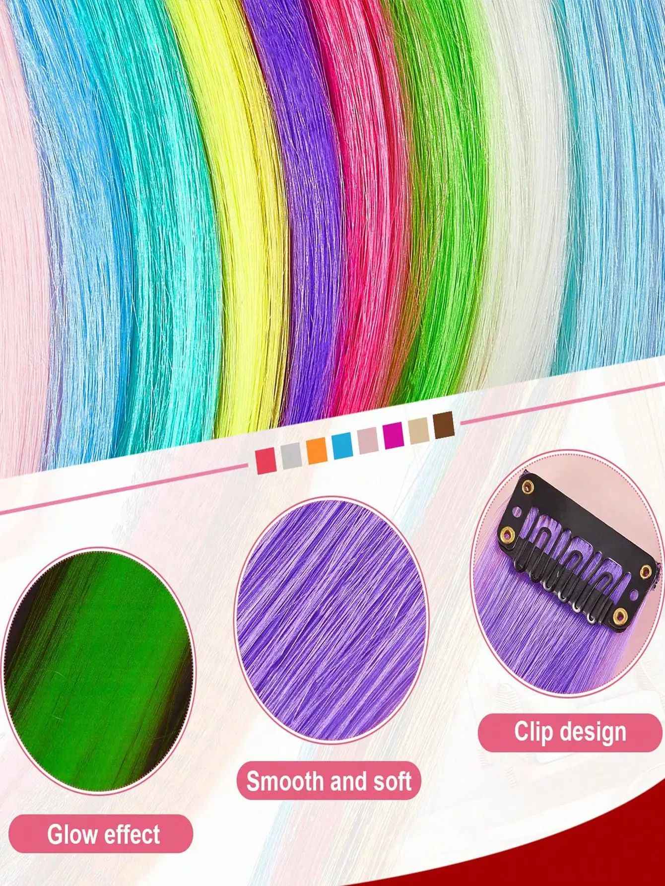 Extensões de Cabelo Presilha Luminosas Neon, 9 peças, para Festas, Festivais, Natal, que Brilham no Escuro, Acessórios de Cabelo Sintéticos para Mulheres