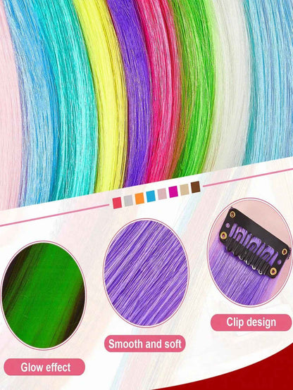 Extensões de Cabelo Presilha Luminosas Neon, 9 peças, para Festas, Festivais, Natal, que Brilham no Escuro, Acessórios de Cabelo Sintéticos para Mulheres