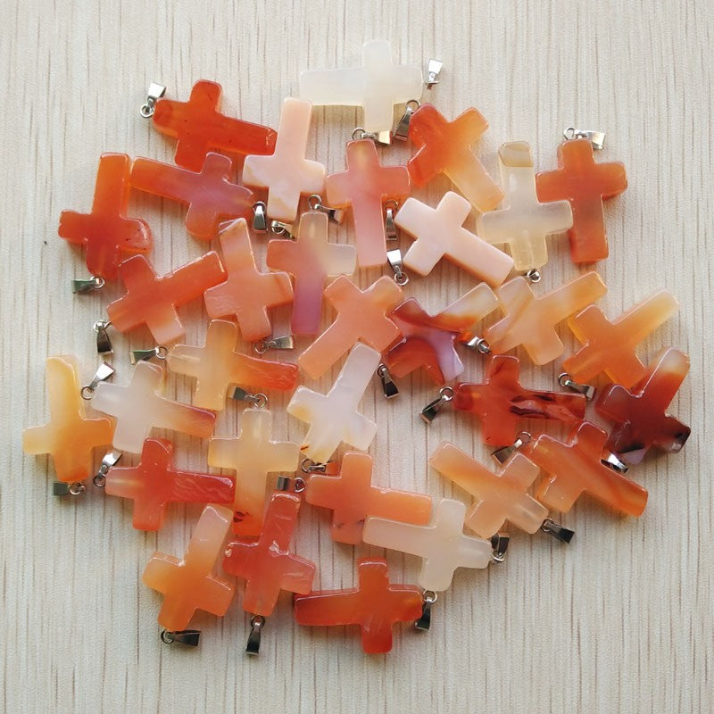 Wholesale 50pcs/lot Fashion Hot Sell Natural Stone Mixed Color Assort Cross Pendants Charms Fit Necklaces Jewelry Making