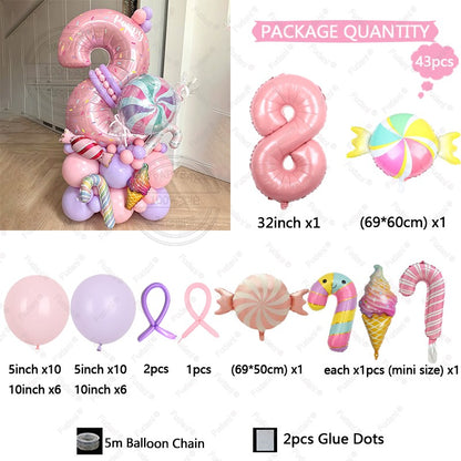 Sweet Pink Lollipop Theme Balloon Column with 32inch Number IcecreamHappy Birthday Party Decora Gifts Supplies