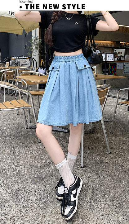 Casual Summer Plus Size Midi Denim Skirts Woman Preppy Loose A-line Ruffles Skirt With Shorts Elastic Waist Jeans Skirts Women