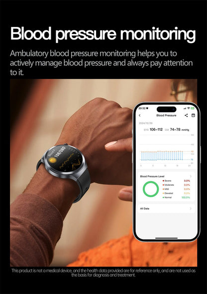 Relógio Inteligente Smartwatch Masculino 2026 Health Tracker com Safira e Medição de Ácido Úrico, Gordura Sanguínea, Pressão Arterial e ECG+PPG com Análise Corporal