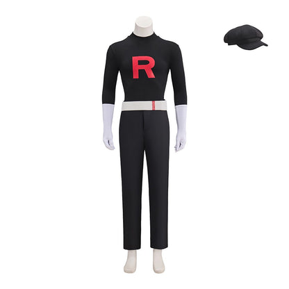 Anime Team Rocket Grunt Cosplay Costumes Anime Black Uniform Hat Halloween Cosplay Costume Full Set Women Men Carnival Party