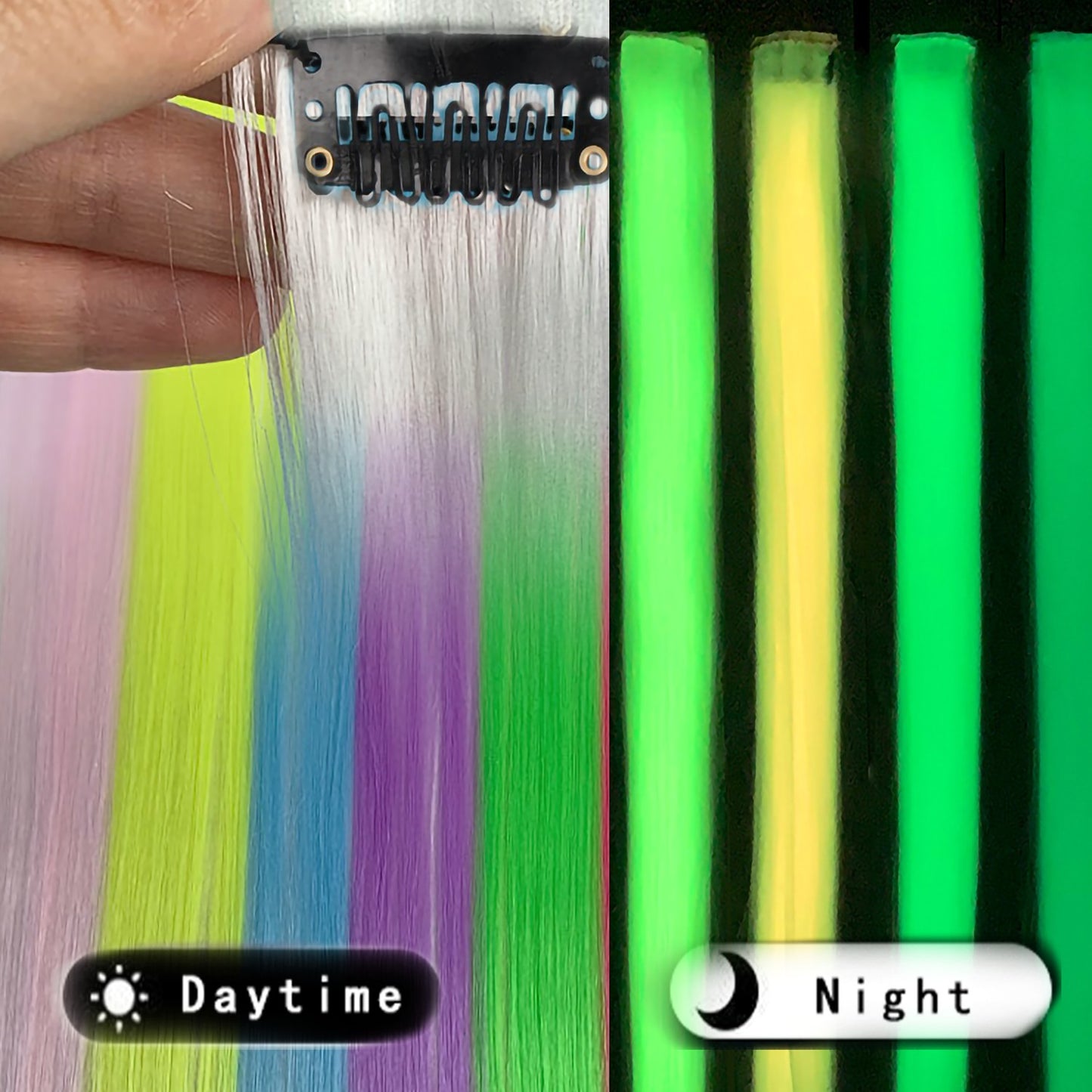 Extensões de Cabelo que Brilham no Escuro de 20 Polegadas com Presilha, Apliques Luminosos Coloridos para Festa, Presilhas de Cabelo Arco-Íris, Peruca Sintética Lisa
