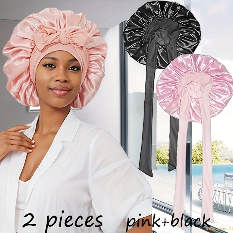 2 Toucas de Cetim Com Faixa (Rosa+Preta), Touca de Dormir Feminina, Toucas Noturnas Macias Para Cabelo, Toucas de Cabelo Multiuso