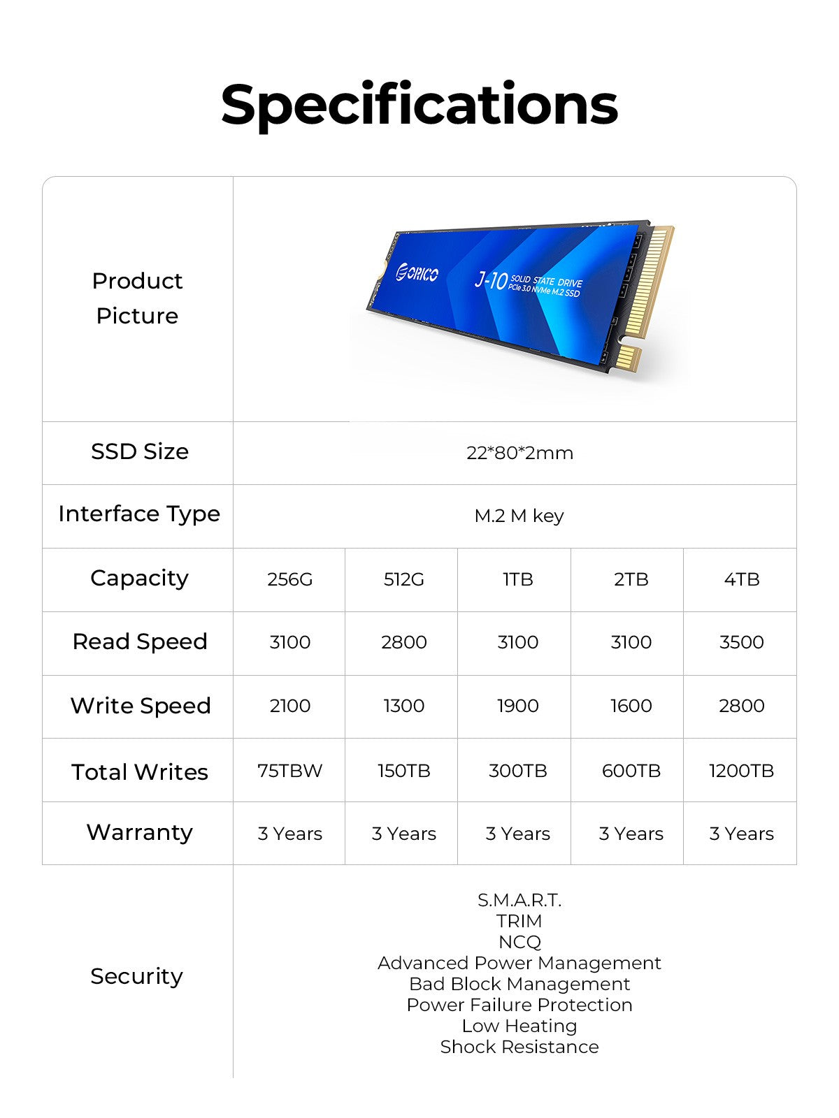 SSD NVMe PCIe 3.0 Gen3 x4 NVMe SSD 3500Mbps M.2 M Key 2280mm 1TB ORICO J10 com Colete de Resfriamento