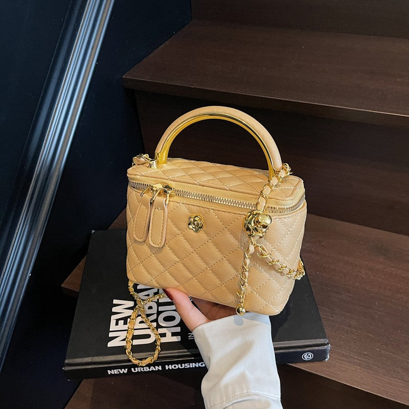 Women Luxury Shoulder Bag Diamond Quilted Metal Flower Accent Large Capacity Zipper Adjustable Strap for Daily Travel Business