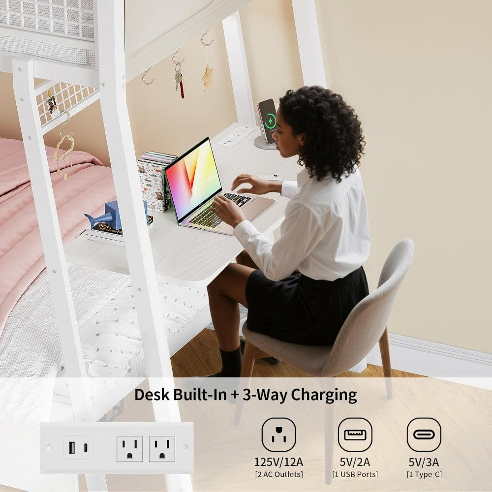 Beliche para Pequenos Espaços, Duas Camas de Solteiro com Mesa, Tomadas, Luzes de LED RGB, Gavetas de Armazenamento, Beliches de Metal com Segurança