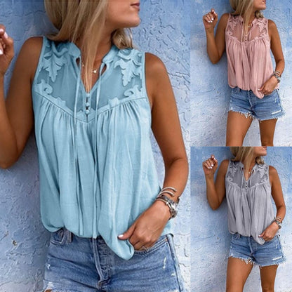 Women Lace Patchwork Blouse Tops Summer Tie Collar Sleeveless Chiffon Loose Blouse Shirts ARJ-0719003