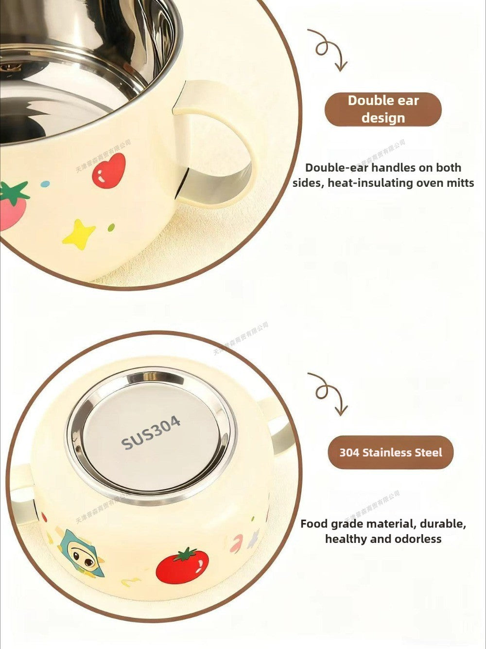 304 Stainless Steel Baby Bowl with Lid Double Handle Kids Feeding Bowl Anti-Scald Toddler Tableware Food Soup Bowl for Infants